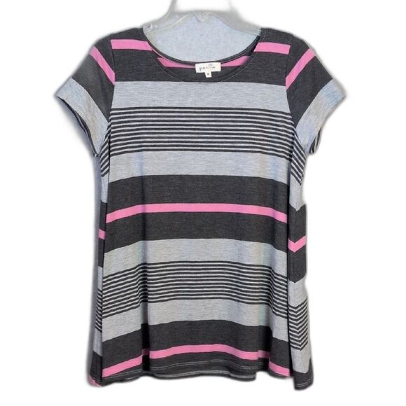 Puella Gray Pink Stripe Flowy Tee Women's M - Picture 1 of 4